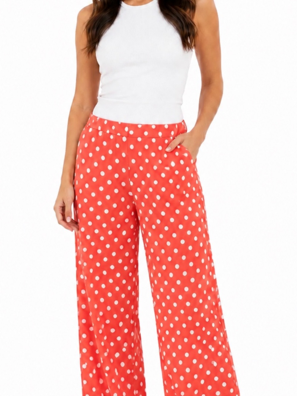 June and Hudson orange polka dot trousers